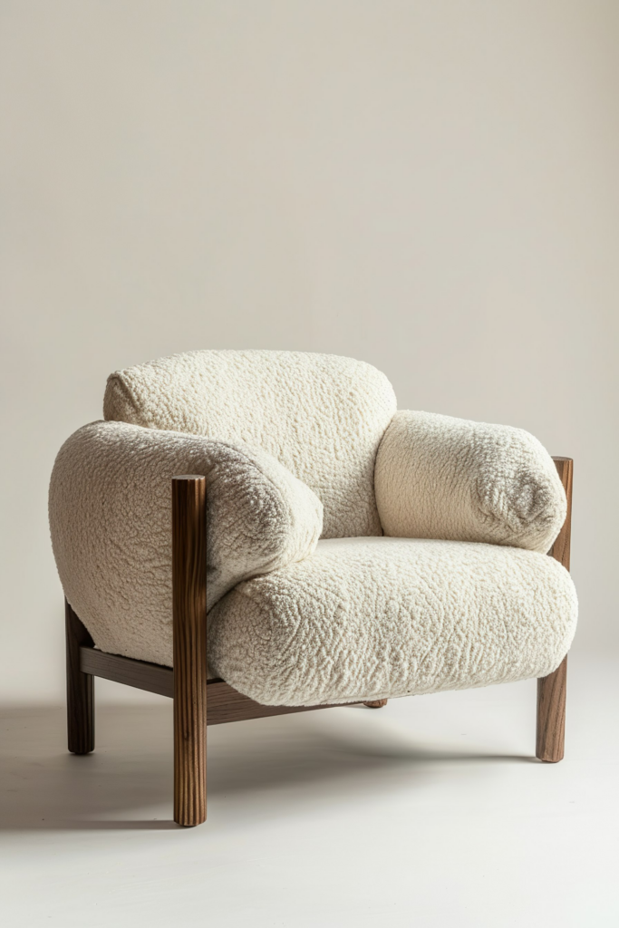 Plush, cream-colored armchair with soft fabric and wooden legs against a neutral background.