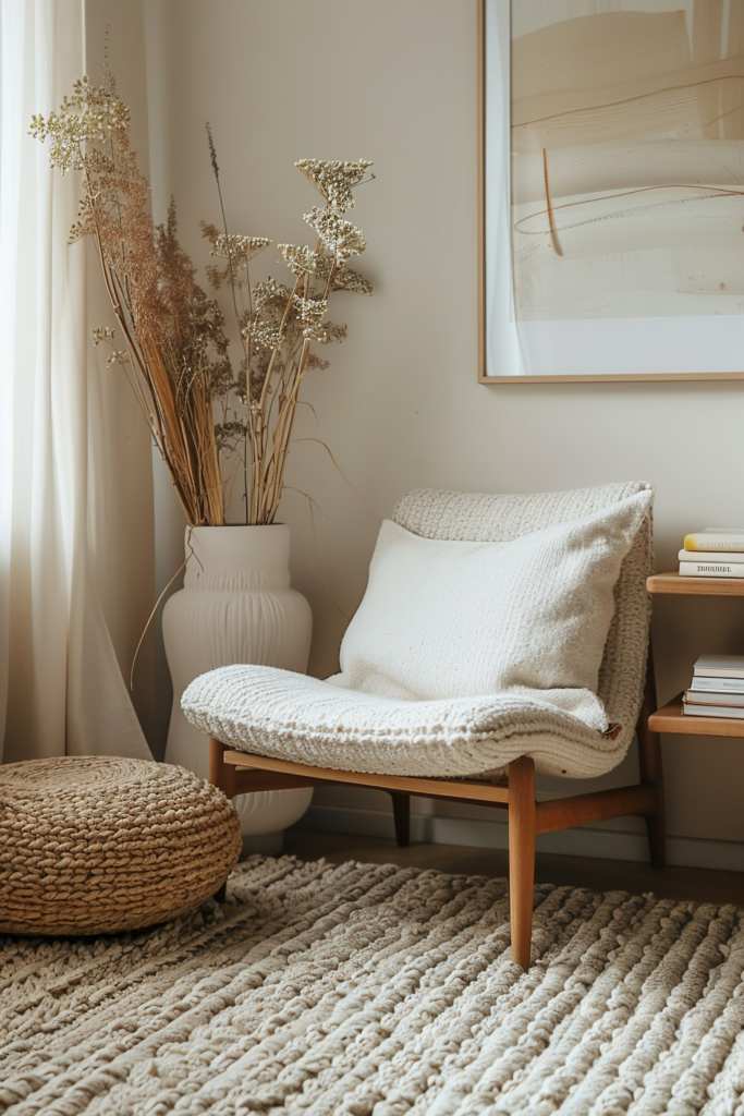 Cozy corner with a wooden chair, white pillow, woven pouf, and dried flowers in a vase, beside a curtained window and artwork.