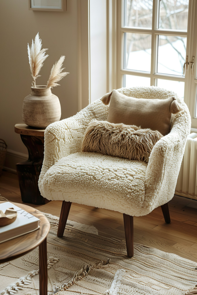 Cozy armchair with soft throw pillows near a window, a ceramic vase with pampas grass on a side table, and a patterned rug on the floor.