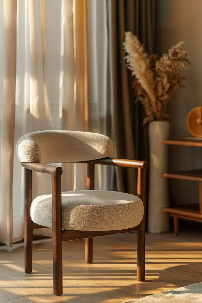 A modern armchair with beige upholstery and wooden frame bathed in warm sunlight by a window, with sheer curtains and dried plants in the background.