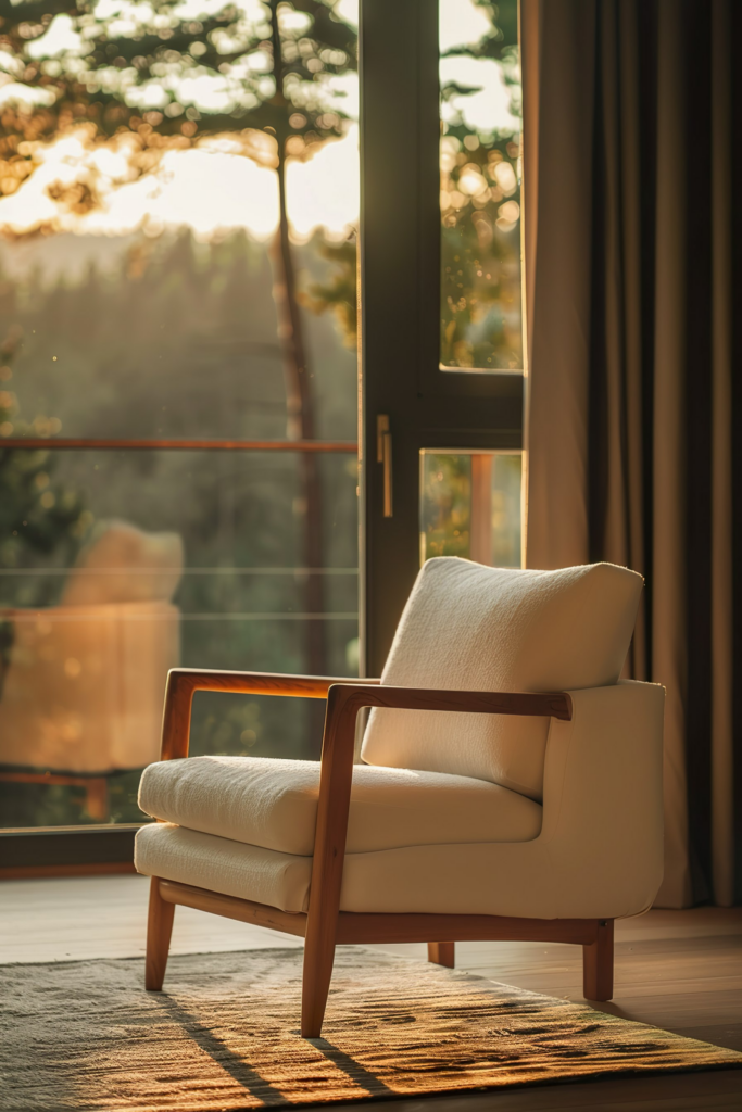A cozy armchair by a window with sunlight casting warm shadows, surrounded by trees and a peaceful outdoor view.