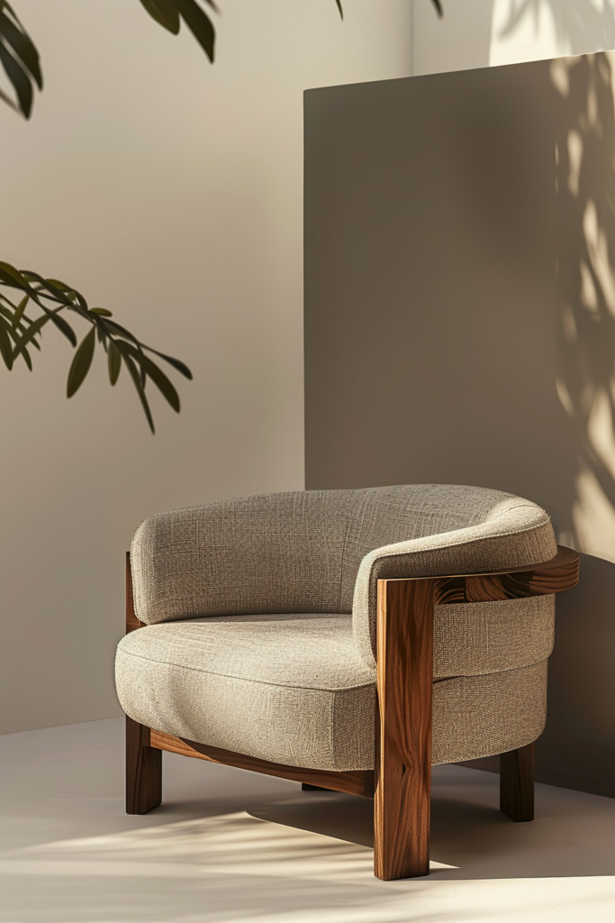 Modern armchair with wooden frame and beige upholstery in a minimalist setting with soft shadows from plant leaves.