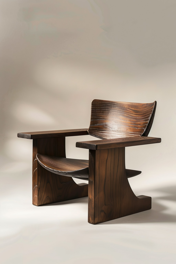 Elegant wooden chair with a smooth, curved backrest and armrests, set against a neutral backdrop.