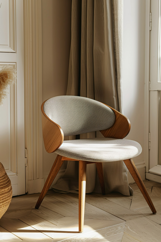 A modern chair with wooden legs and textured fabric bathed in natural sunlight by a window with beige curtains.