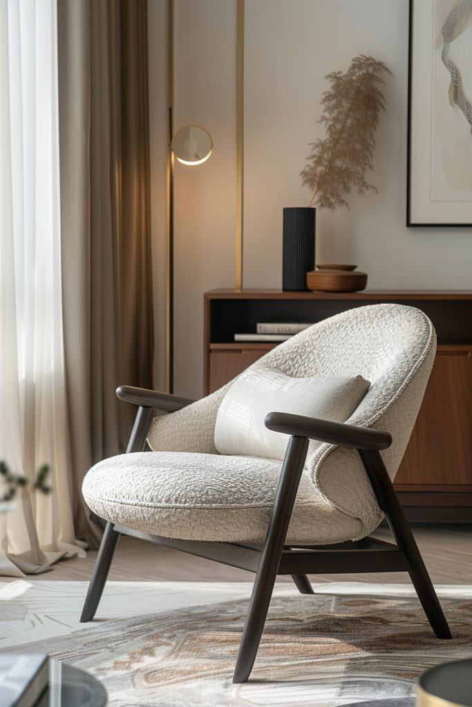 Modern cozy chair with cream upholstery in a well-lit room with elegant decor and wall art.