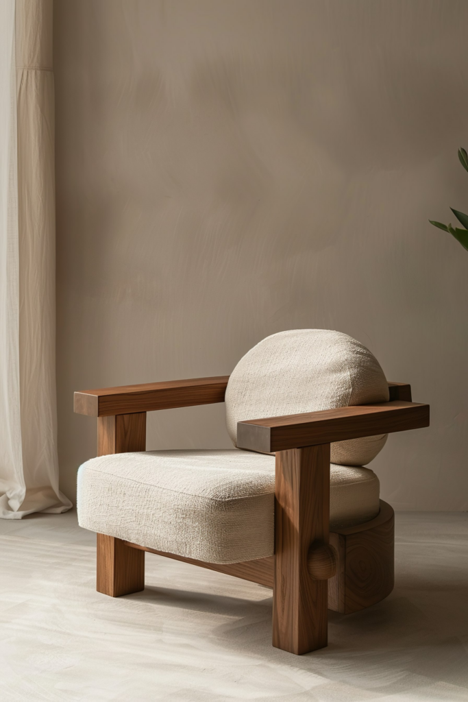 Modern wooden armchair with beige cushions in a minimalist room with sheer curtain and plant detail.