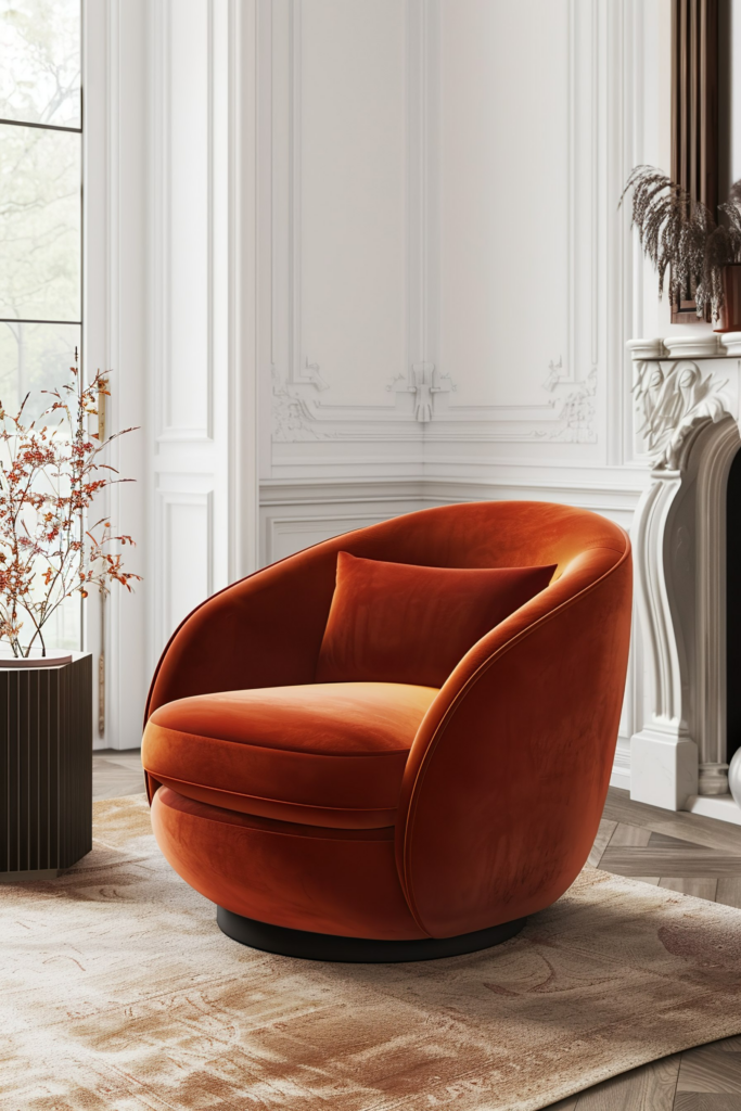 ALT: An elegant burnt orange rounded armchair on a textured rug, with a classic white fireplace and window in the background.