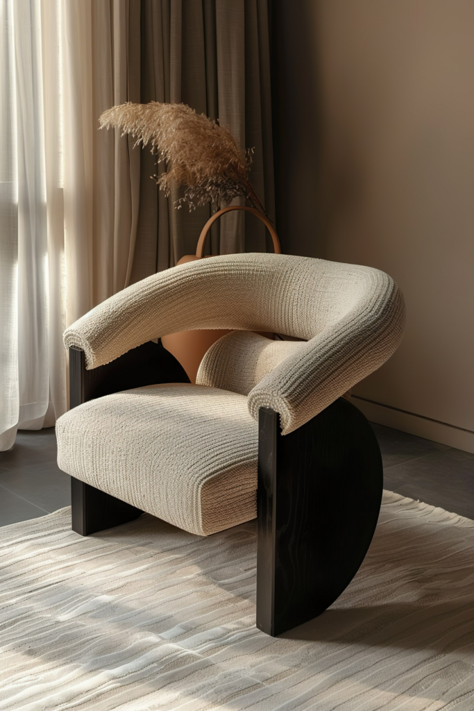 Modern armchair with textured upholstery in a stylish room, natural light casting shadows, beside a vase of pampas grass.
