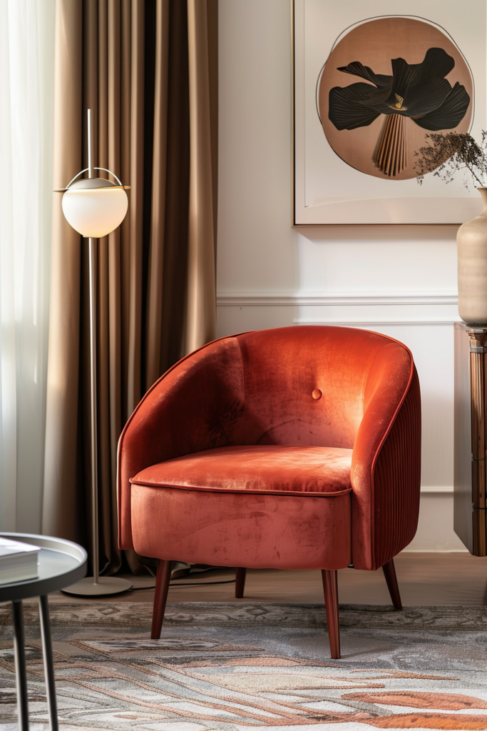 A luxurious velvet armchair in burgundy, with a sleek floor lamp and elegant artwork on the wall, in a stylish interior setting.