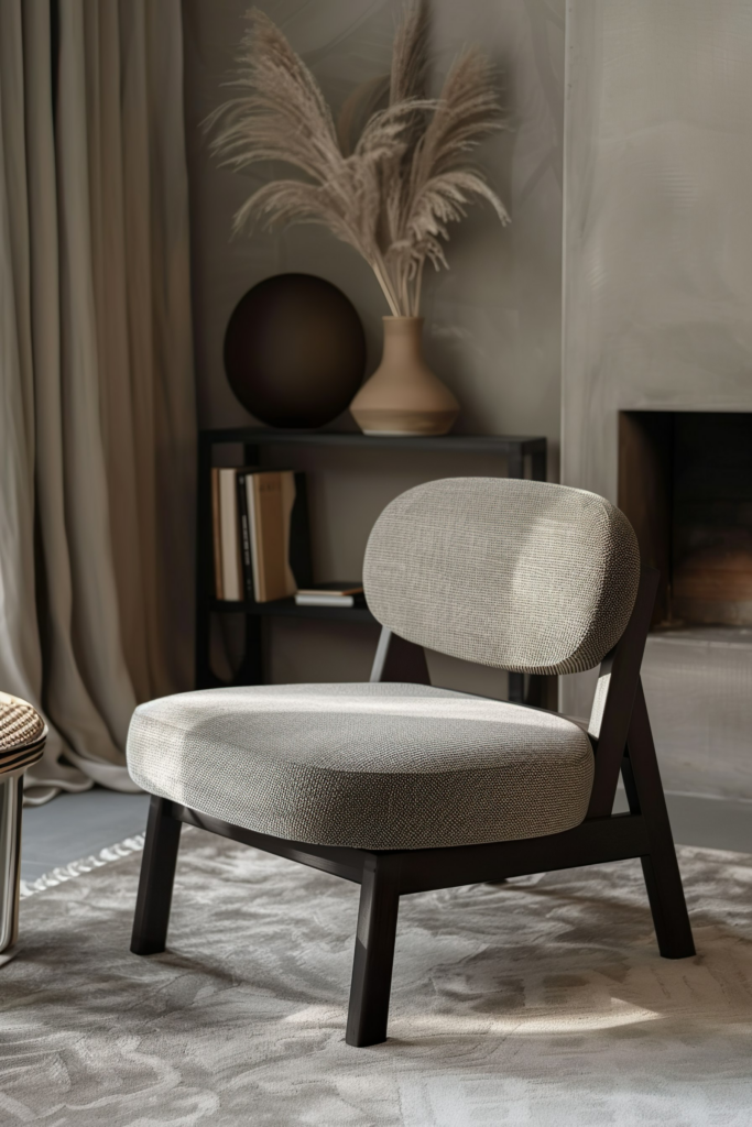A modern armless chair with textured fabric on a patterned rug, by a bookshelf with decorative items, near sheer curtained windows.
