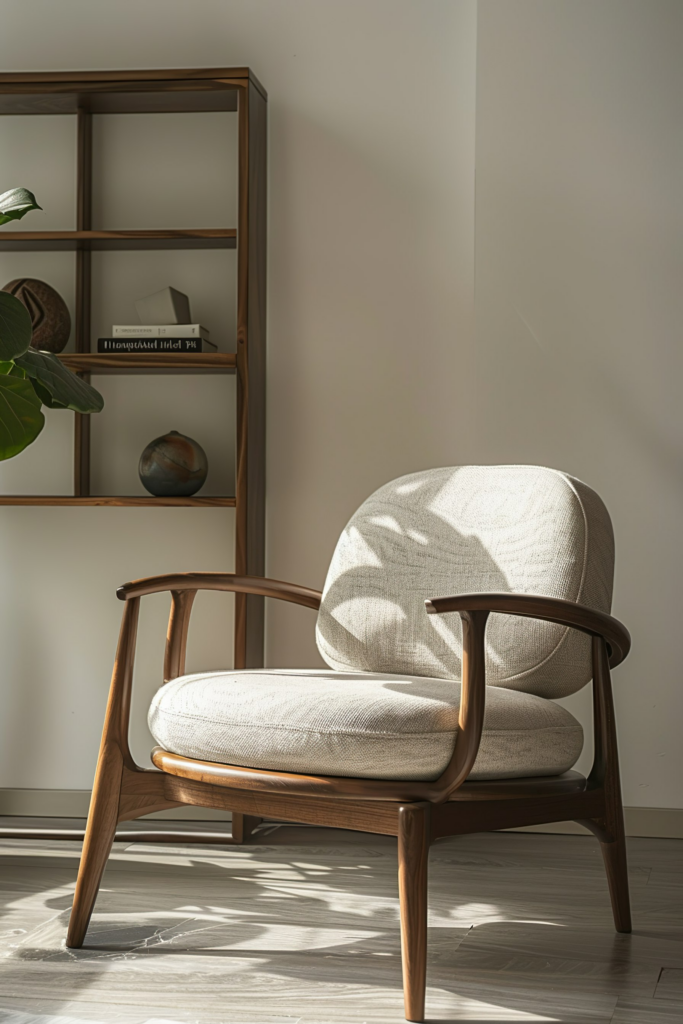 A modern chair with wooden frame and beige upholstery beside a wooden bookshelf with plants and books, in a room with natural light.