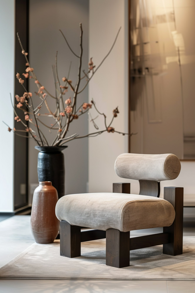 Modern chair with a cylindrical cushion and matching ottoman in a minimalist room; a vase with branches in the background.