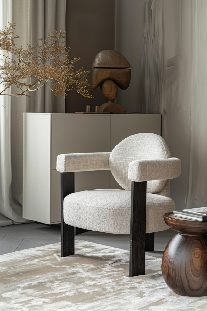 Elegant interior with a cream upholstered chair, dark wood accents, decorative dried plant, and wooden art piece on a cabinet.