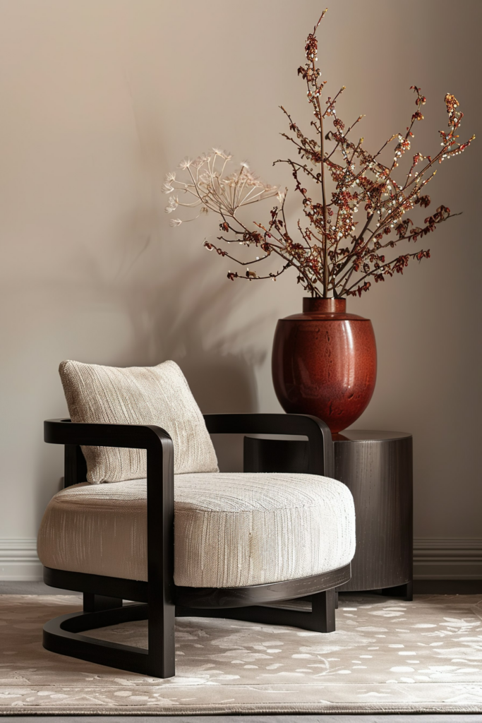 Modern armchair with black frame and light upholstery beside a large rust-colored vase with dried branches on a patterned rug.