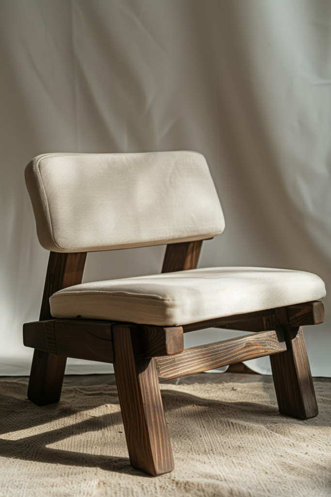 A modern chair with a cream cushion and dark wooden frame, casting a shadow on a beige rug against a light, wavy backdrop.