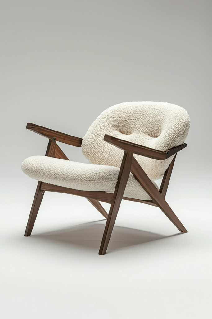 Modern armchair with dark wooden frame and textured creamy white upholstery, on a simple grey background.