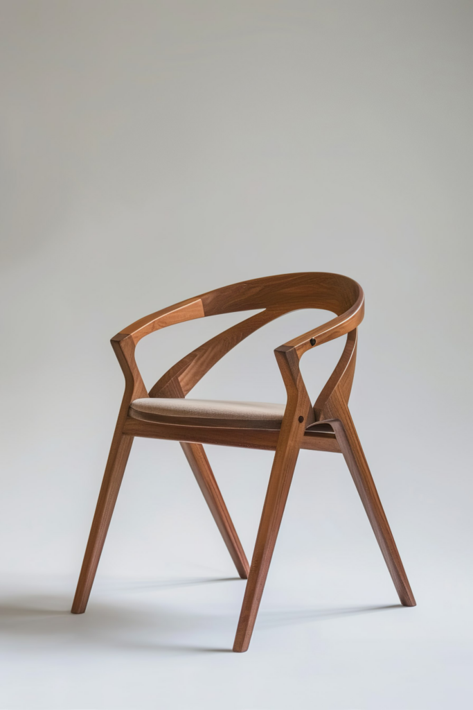 Elegant modern wooden chair with curved backrest and beige seat cushion against a neutral background.