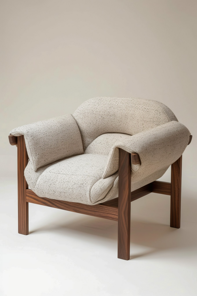 Modern textured fabric armchair with wooden frame on a neutral background.