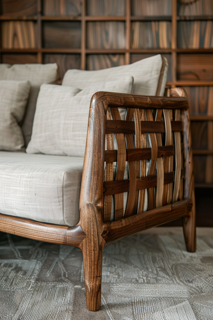 Close-up of a wooden armchair with cushioned seats, intricate side weaving pattern, against a blurred background of a bookshelf.