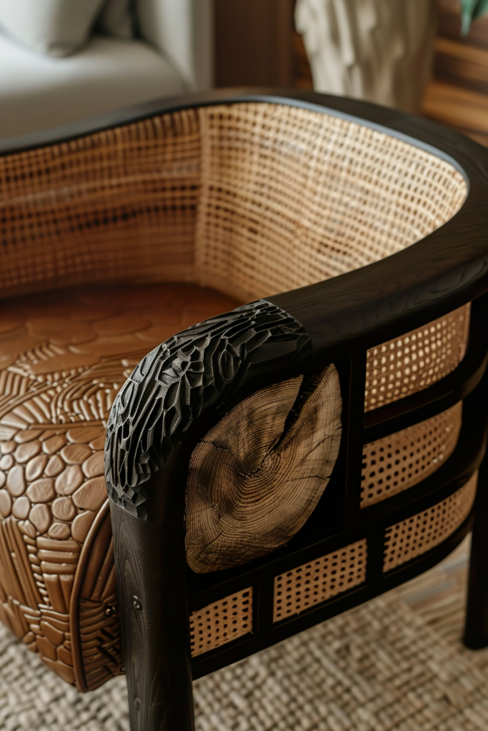 ALT: Close-up of a stylish chair with a wicker back and intricate wood carving details on a dark frame, highlighting textures and craftsmanship.