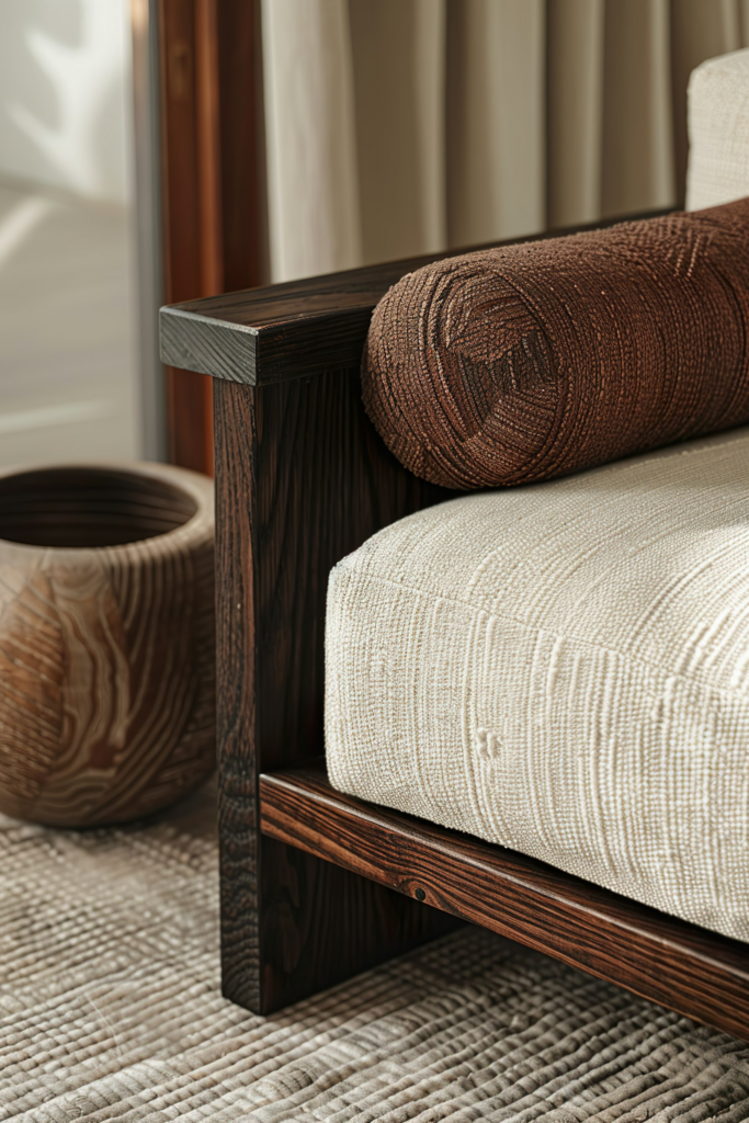 ALT: A close-up of a cozy interior with a textured brown throw pillow on a cream sofa, beside a wooden end table and a woven basket on a rug.