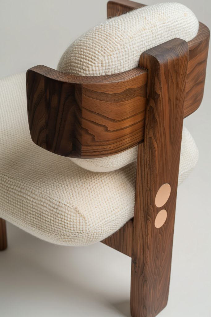 Close-up of a designer armchair with cream upholstery and unique walnut wood armrests and legs.