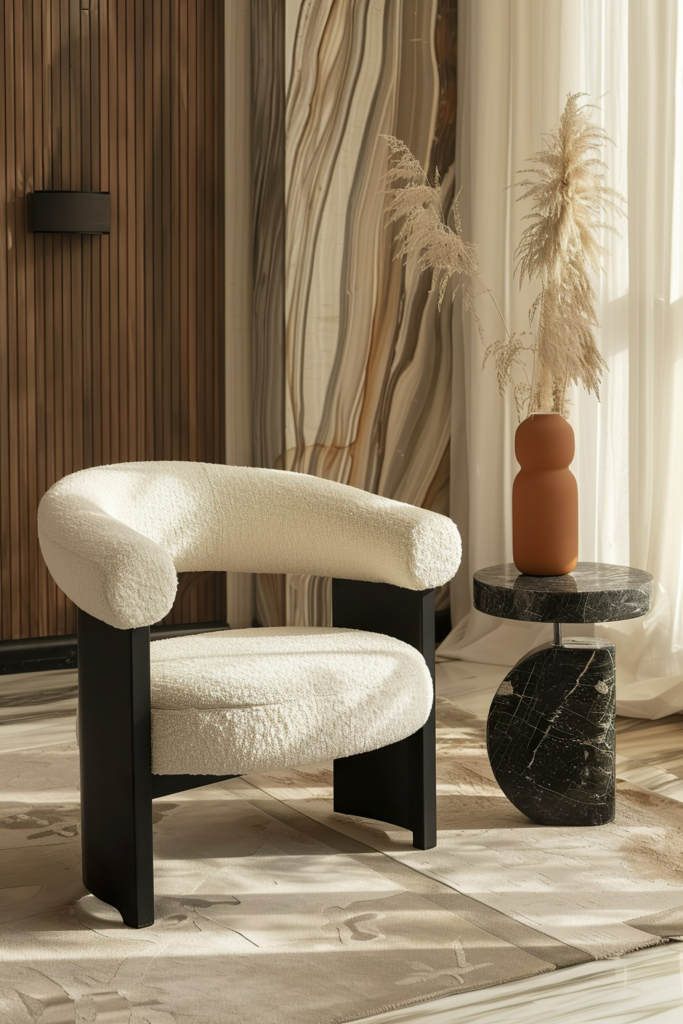 ALT: A modern chair with white upholstery and black frame stands next to a two-tiered marble side table with a terracotta vase and pampas grass.