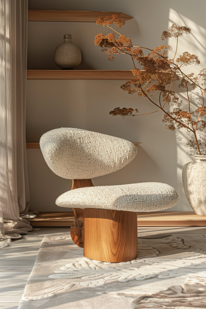 A cozy modern chair with textured upholstery bathed in sunlight, next to dried flowers and a ceramic vase on wooden shelves.