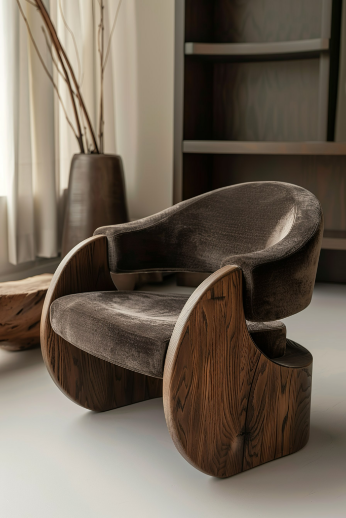 Modern wooden lounge chair with dark upholstery in a contemporary interior with soft natural lighting.
