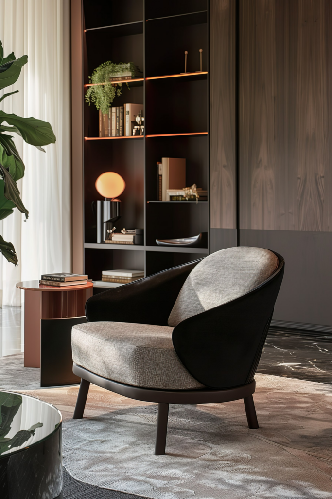 Elegant modern living room with a plush armchair, stylish shelving with backlit accents, and a plant adding a touch of greenery.