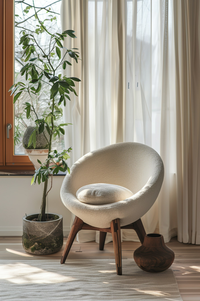Cozy reading nook with a modern armchair, potted plant, and sheer curtains allowing natural light to enter.