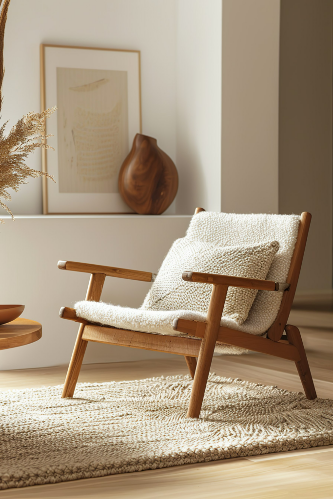 A cozy corner with a wooden armchair, fluffy white pillow, textured rug, a vase, and artwork on the wall in a warmly lit room.