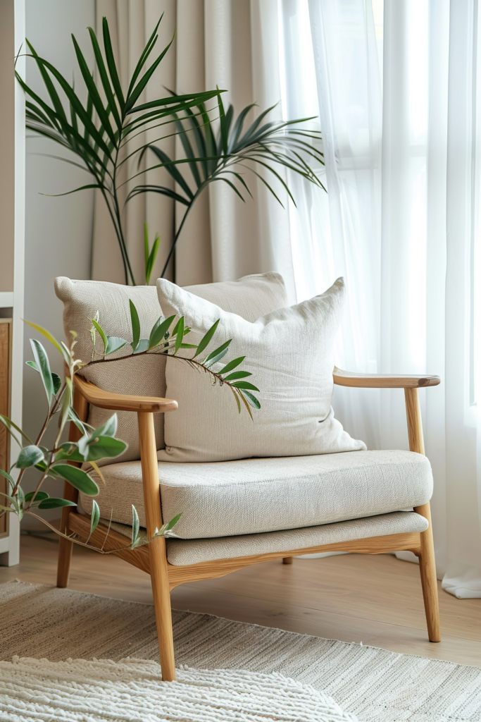 ALT: A cozy wooden armchair with beige cushions, accompanied by green potted plants, in a well-lit room with sheer curtains.