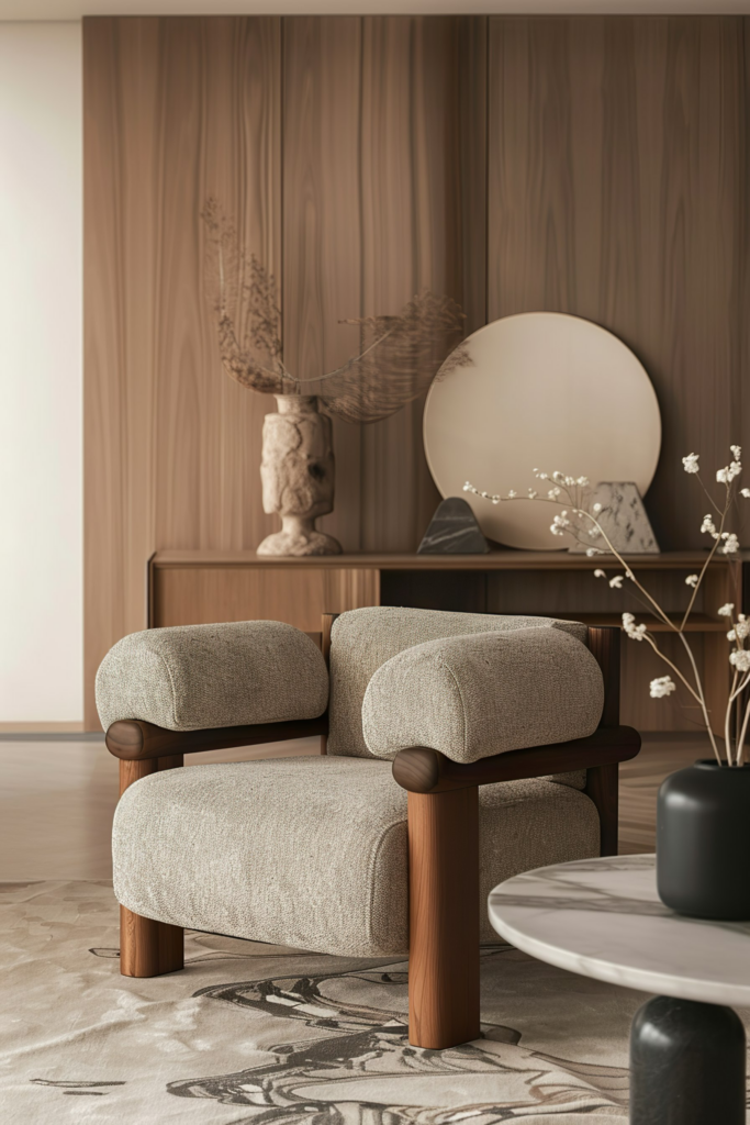 Modern living room with a textured beige armchair, wooden sideboard, round mirror, and decorative vase on a patterned rug.