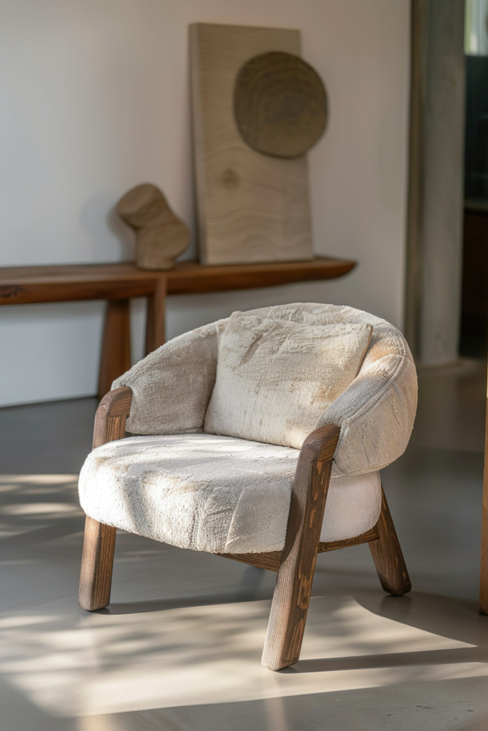 A cozy, textured fabric armchair with wooden legs, in a sunlit room with art pieces in the background.