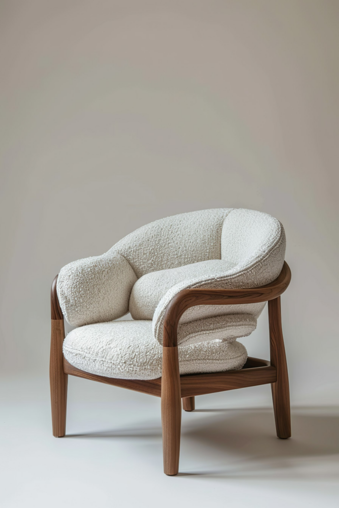 A modern wooden armchair with plush, white shearling upholstery, set against a neutral background.