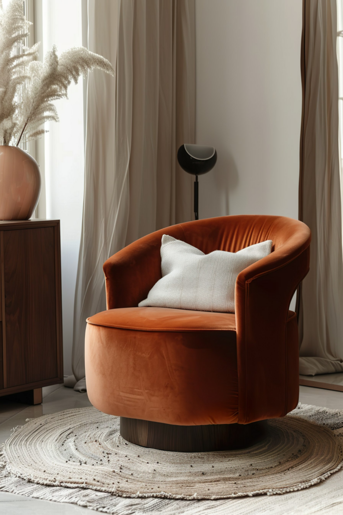 A cozy corner with a plush, caramel-colored armchair, white cushion, round textured rug, and soft curtains, illuminated by natural light.