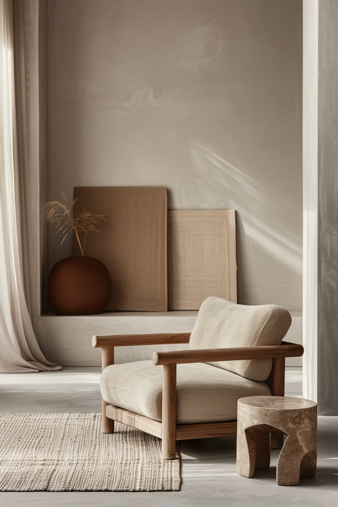 ALT: A cozy, minimalist corner with a cream armchair, textured rug, a round vase with dried plants, and a small stone stool.