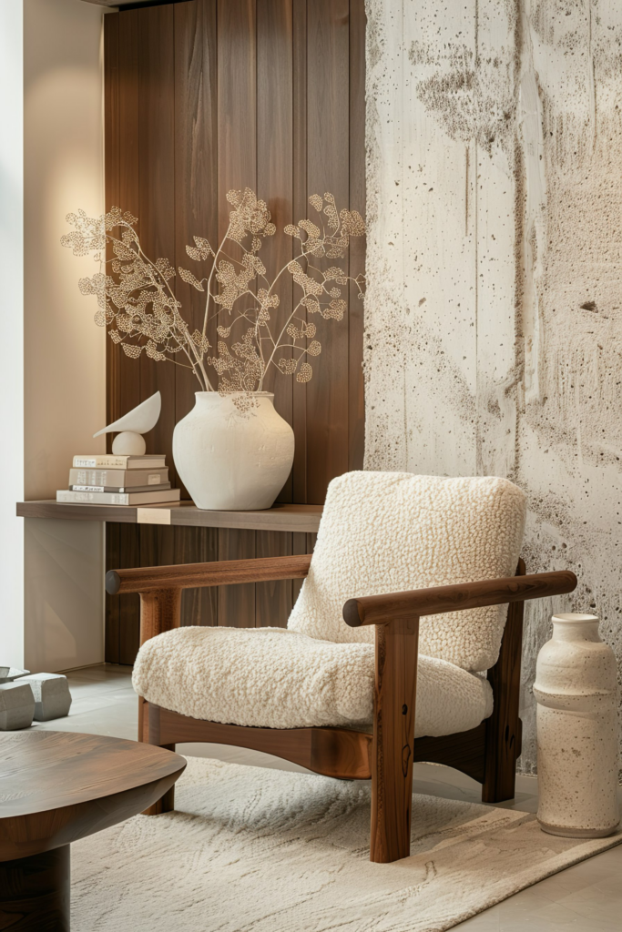 Modern cozy corner with a plush armchair, wooden side table, vase with dried flowers, books, and textured wall decor.