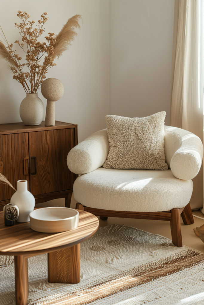 Cozy modern living room corner with a textured armchair, wood furniture, decorative vases, and dried plants in soft natural light.