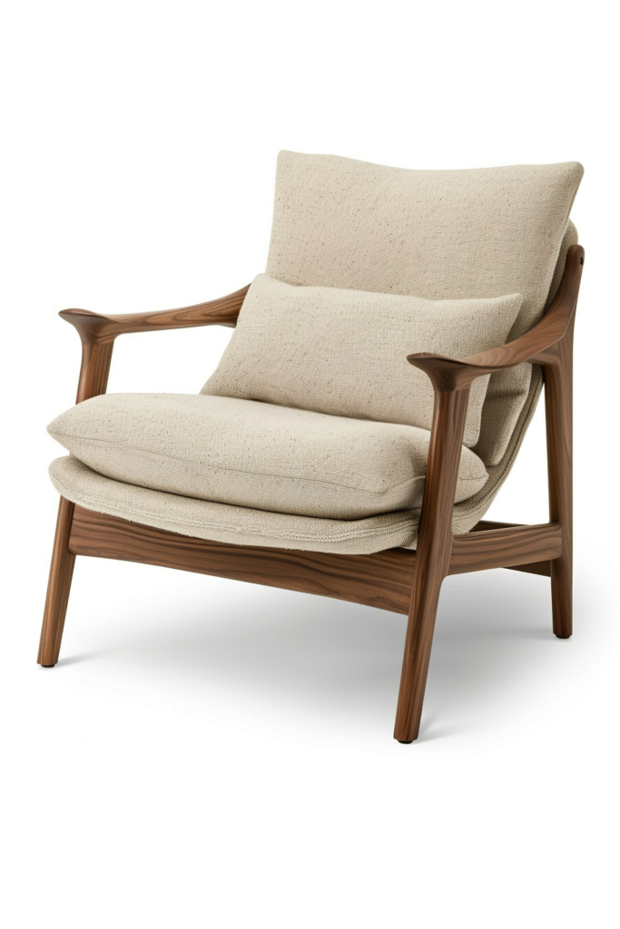 Modern wooden armchair with beige cushions isolated on a white background.