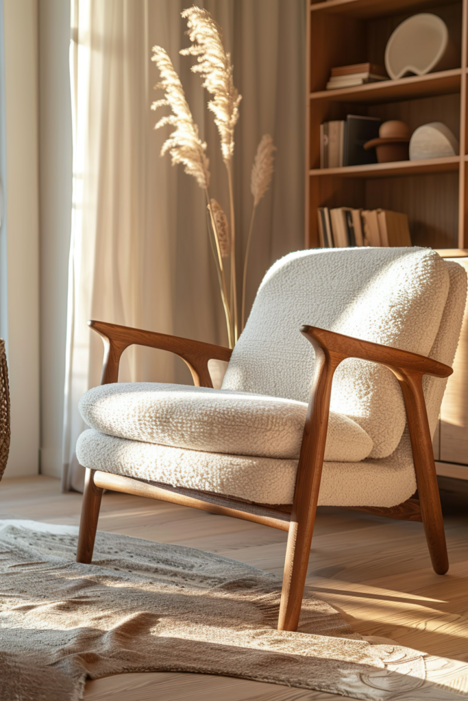 Cozy wooden armchair with a white throw, with warm sunlight beaming through sheer curtains in a serene room.