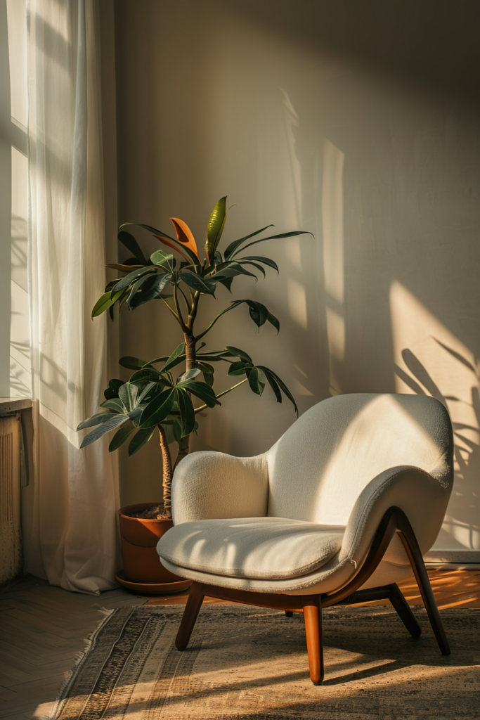 A modern armchair and a potted plant bask in the warm sunlight filtering through sheer curtains in a cozy room.