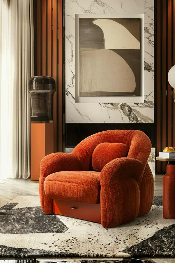 Elegant interior featuring a plush burnt orange armchair on a patterned rug, with abstract art on marble wall, reflecting a modern aesthetic.