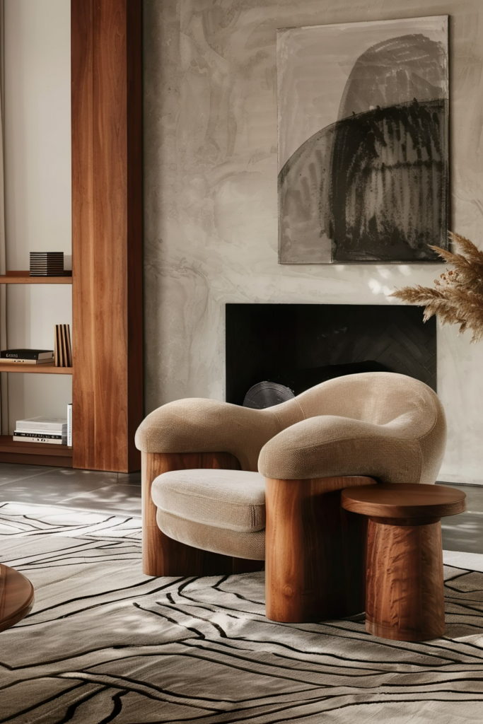 Modern living room with a unique beige armchair, wooden side table, abstract art on a textured wall, and a decorative rug.