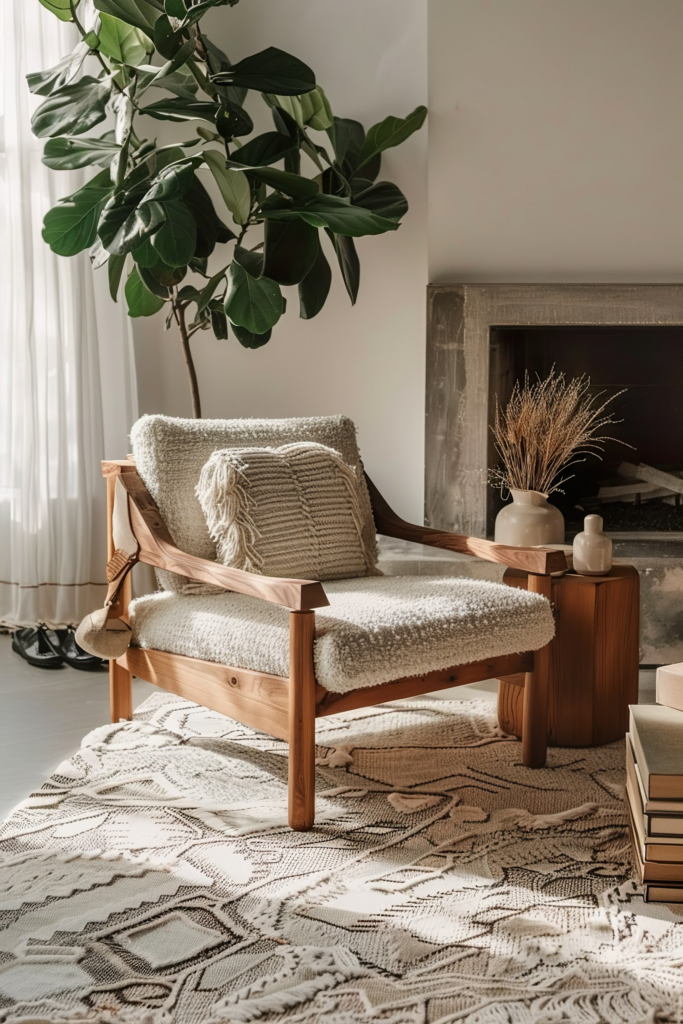 Cozy home interior with a wooden armchair with cushions, patterned carpet, indoor plant, and decorative fireplace.