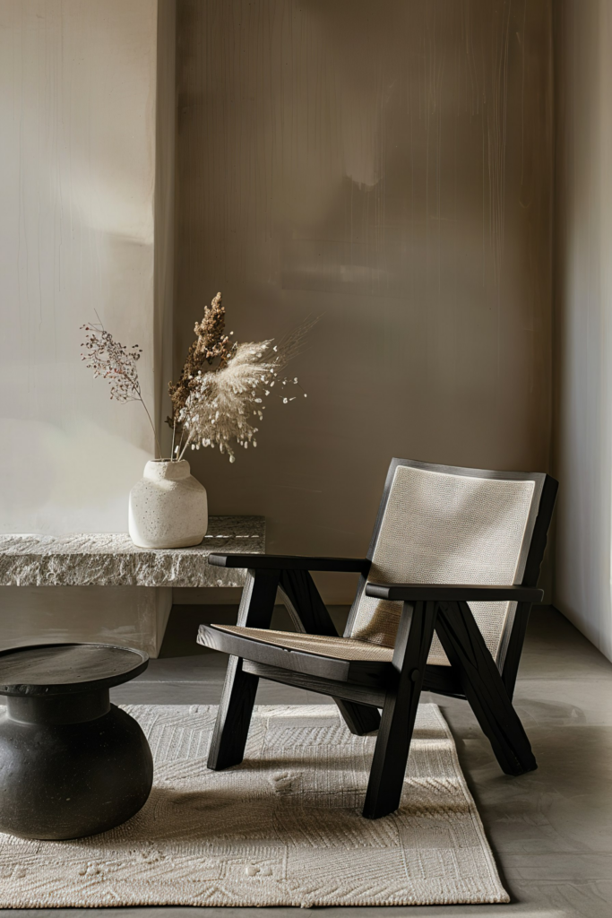Modern minimalist interior featuring a black wooden chair, natural-toned rug, and dried flowers in a white vase.
