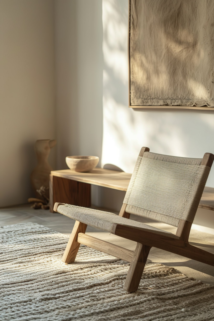 A minimalist living space with warm sunlight casting shadows, featuring a wooden chair, sideboard, and textured rug.