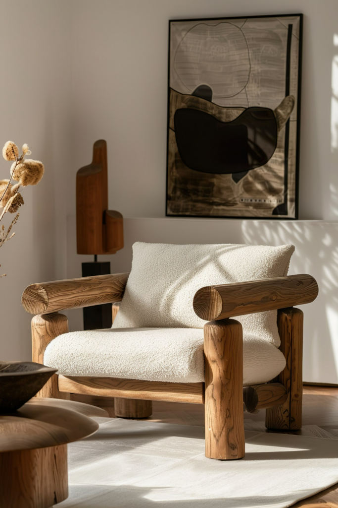 Cozy modern living room corner with a wooden armchair, textured cushions, abstract wall art, and warm sunlight casting shadows.