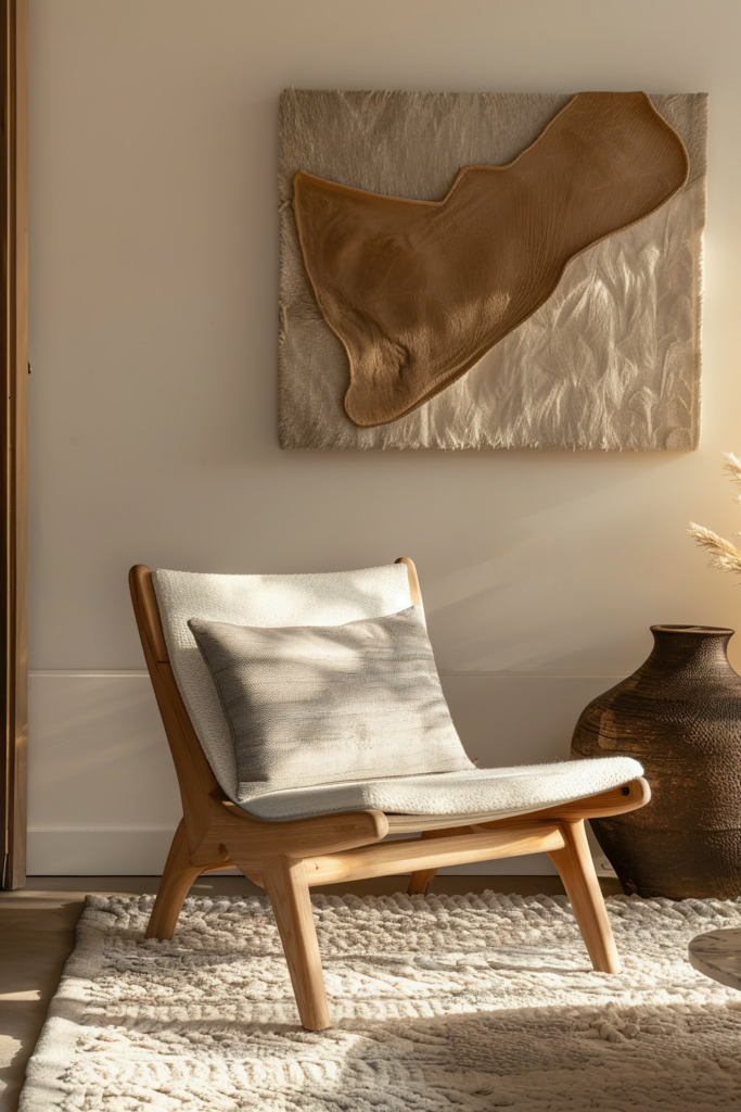 A modern chair with a cushion in a cozy room corner, sunlight casting shadows, decorative vase nearby, and abstract art on the wall.